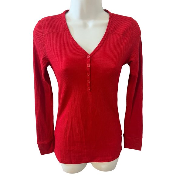 Red Thermal Waffle V-Neck Knit Long Sleeve Top Size Small - Picture 1 of 5